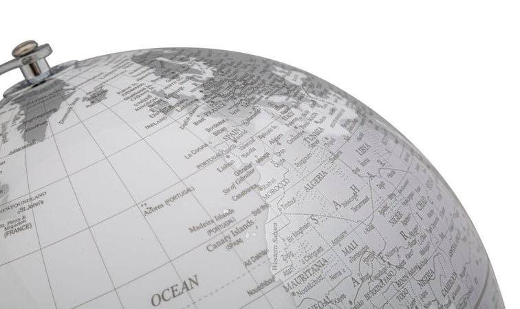 Mappamondo girevole chiaro con base in metallo per decorazione interni h 34 cm