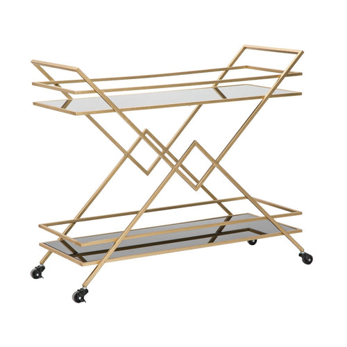 Carrello Piramid 2 ripiani struttura in ferro color oro con ruote per interni