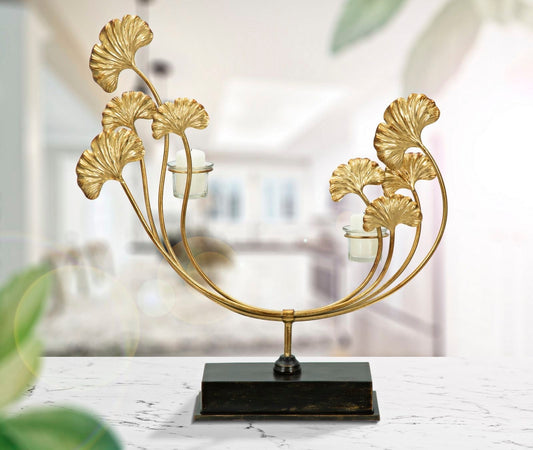 Porta candela "Iris" struttura in metallo color oro e vetro per interni