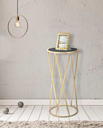 Tavolino porta telefono rotondo struttura in ferro color oro e vetro per interni