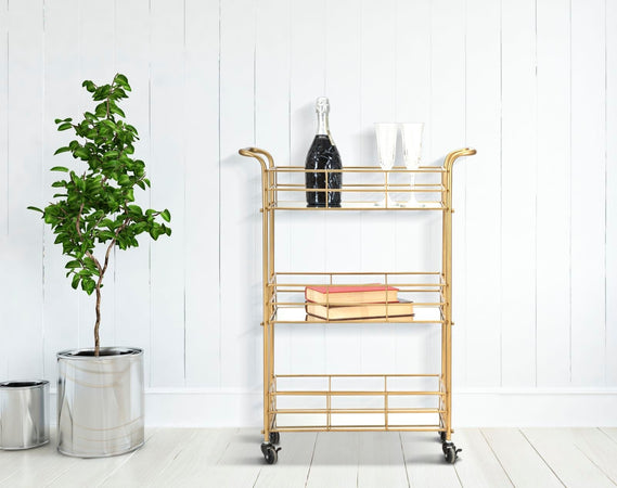 Carrello con ruote struttura in ferro color oro con 3 ripiani in specchio
