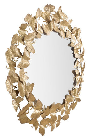 Specchio da parete rotondo con foglie in ferro color oro per bagni e camere da letto