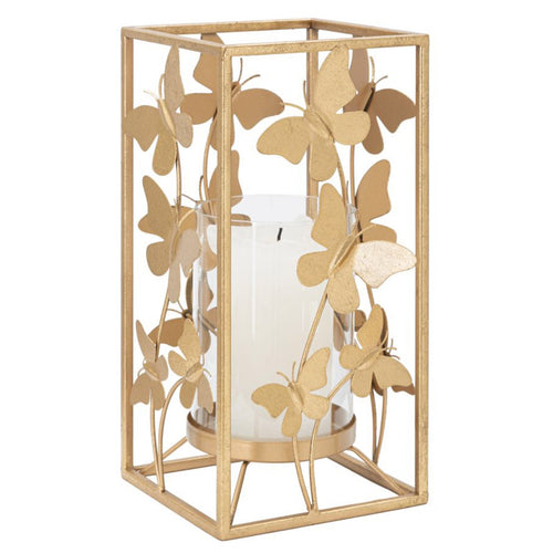 Porta candela struttura in metallo color oro con farfalle per interni