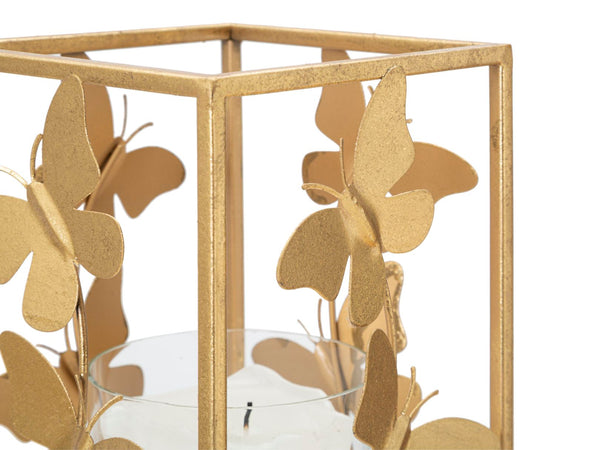 Porta candela struttura in metallo color oro con farfalle per interni