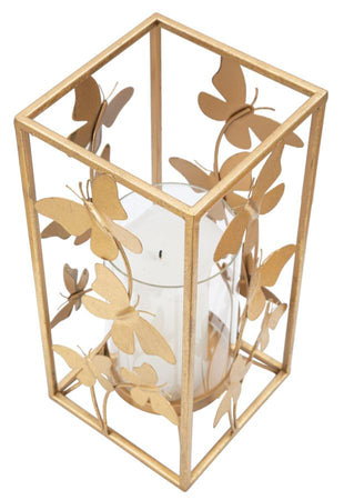 Porta candela struttura in metallo color oro con farfalle per interni