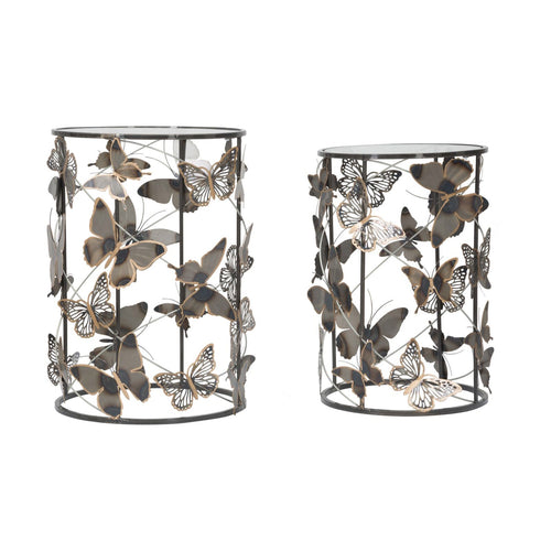 Tavolinetti coppia in metallo con farfalle ripiano in vetro per interni set da 2