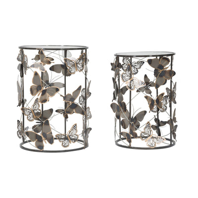 Tavolinetti coppia in metallo con farfalle ripiano in vetro per interni set da 2
