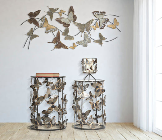 Tavolinetti coppia in metallo con farfalle ripiano in vetro per interni set da 2