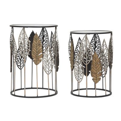 Tavolinetti coppia in metallo e legno con foglie ripiano in vetro per interni set da 2