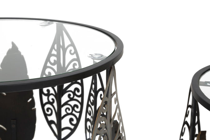 Tavolinetti coppia in metallo e legno con foglie ripiano in vetro per interni set da 2