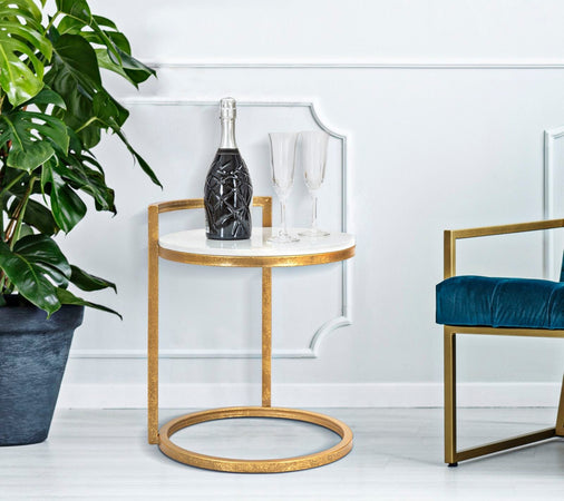 Tavolinetto struttura in metallo color oro ripiano in marmo per interni