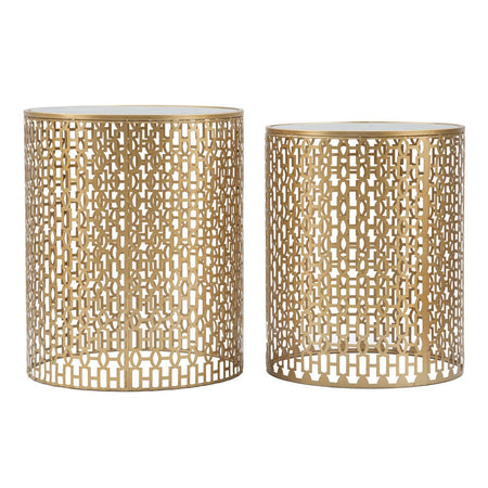 Tavolinetti coppia "Oblin" struttura in ferro color oro ripiano in vetro set da 2