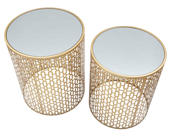 Tavolinetti coppia "Oblin" struttura in ferro color oro ripiano in vetro set da 2