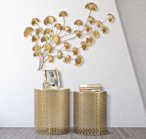 Tavolinetti coppia "Oblin" struttura in ferro color oro ripiano in vetro set da 2