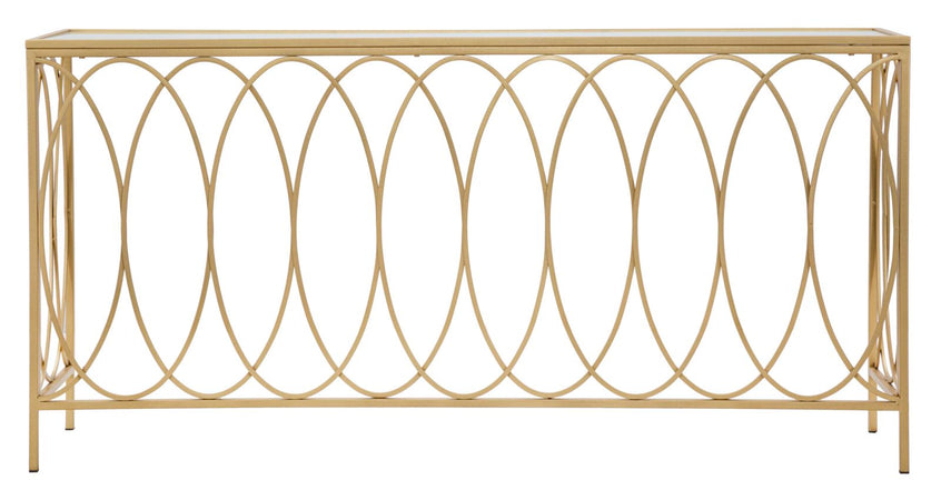 Console struttura in metallo color oro e crema ripiano in vetro per interni