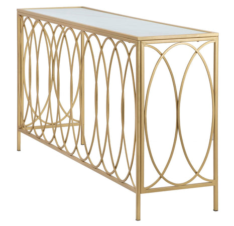 Console struttura in metallo color oro e crema ripiano in vetro per interni