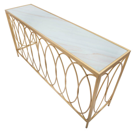 Console struttura in metallo color oro e crema ripiano in vetro per interni