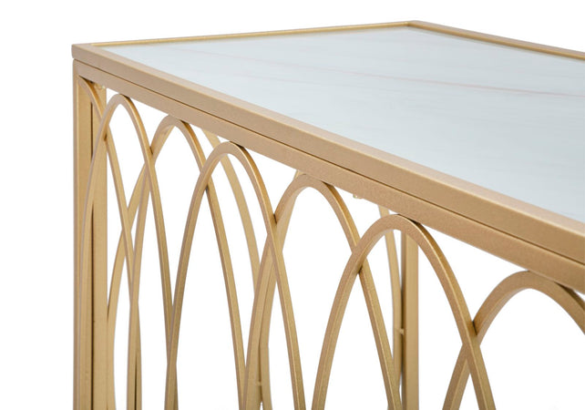 Console struttura in metallo color oro e crema ripiano in vetro per interni