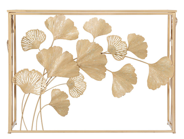 Console struttura con foglie in metallo color oro ripiano in vetro per interni