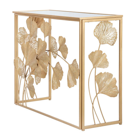 Console struttura con foglie in metallo color oro ripiano in vetro per interni
