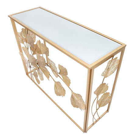 Console struttura con foglie in metallo color oro ripiano in vetro per interni