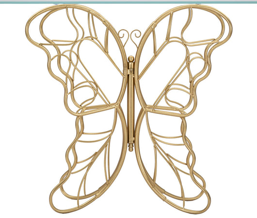 Console struttura forma farfalla in metallo color oro e ripiano in vetro per interni