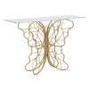 Console struttura forma farfalla in metallo color oro e ripiano in vetro per interni