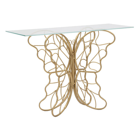 Console struttura forma farfalla in metallo color oro e ripiano in vetro per interni