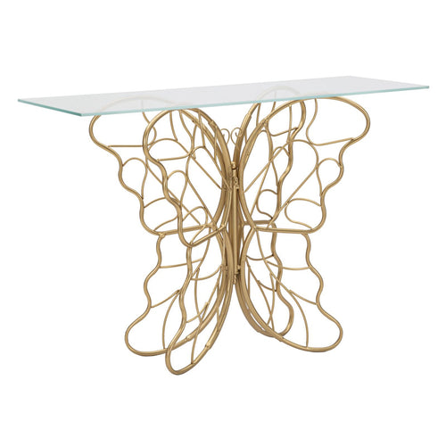Console struttura forma farfalla in metallo color oro e ripiano in vetro per interni