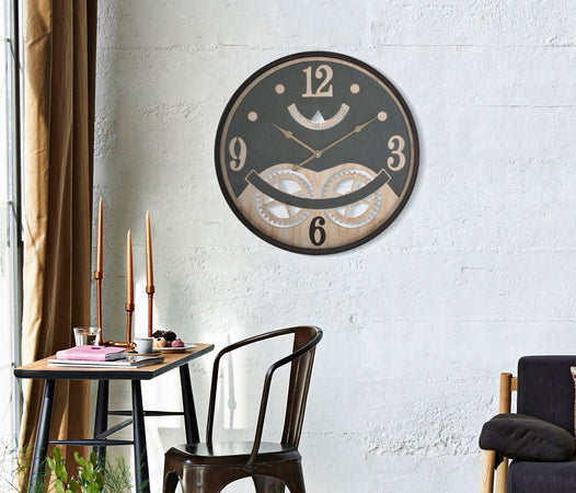 Orologio da parete color nero e legno naturale per salotto e cucina