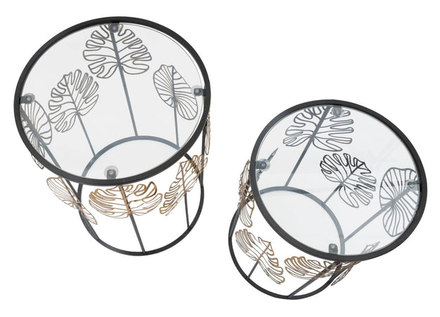 Tavolinetti coppia in metallo con foglie ripiano in vetro per interni set da 2