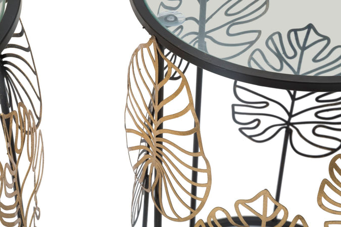 Tavolinetti coppia in metallo con foglie ripiano in vetro per interni set da 2