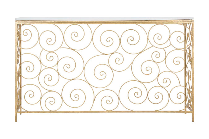 Console "Spiral" struttura in metallo color oro ripiano in vetro per interni