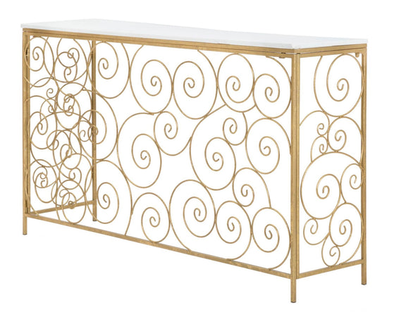 Console "Spiral" struttura in metallo color oro ripiano in vetro per interni