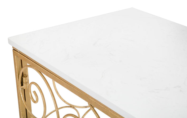 Console "Spiral" struttura in metallo color oro ripiano in vetro per interni