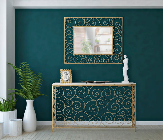 Console "Spiral" struttura in metallo color oro ripiano in vetro per interni