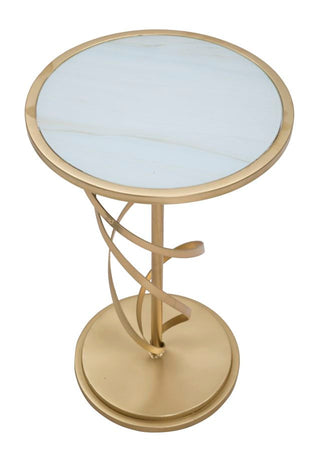 Tavolinetto tondo spiral in metallo color oro ripiano in vetro per interni