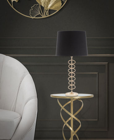 Lampada da tavolo in metallo color oro e tessuto colore nero per interni