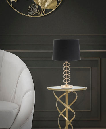 Lampada da tavolo in metallo color oro e tessuto colore nero per interni