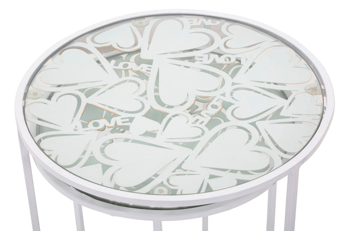 Tavolinetti struttura in ferro color bianco ripiano in vetro per interni set da 2