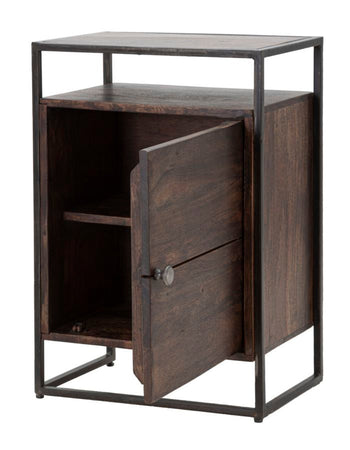 Comodino "Burn Door" struttura in legno di acacia e metallo per interni