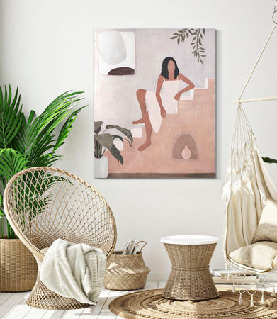 Dipinto su tela ragazza su scale con telaio in legno per decorazioni ambienti