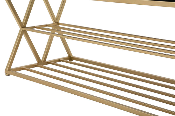 Panca in velluto struttura in metallo con porta scarpe color oro per interni