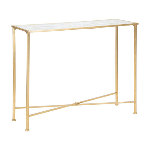 Console struttura in metallo color oro ripiano in vetro con farfalle per interni