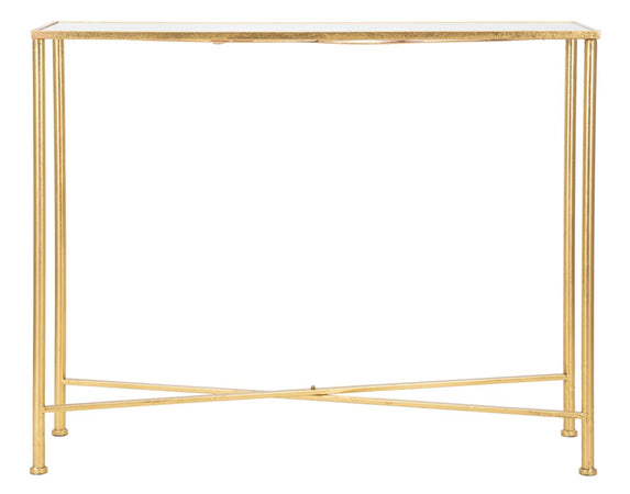 Console struttura in metallo color oro ripiano in vetro con farfalle per interni