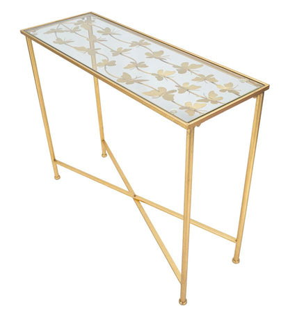 Console struttura in metallo color oro ripiano in vetro con farfalle per interni