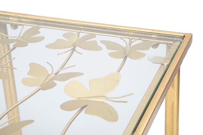 Console struttura in metallo color oro ripiano in vetro con farfalle per interni