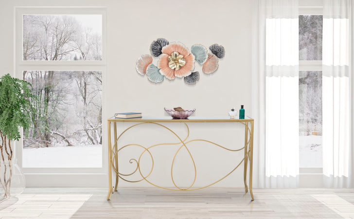 Console "Art" struttura in metallo color oro e ripiano in vetro per interni