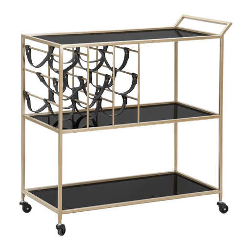 Carrello struttura in ferro color oro e nero con ruote, portabottiglie e 3 ripiani