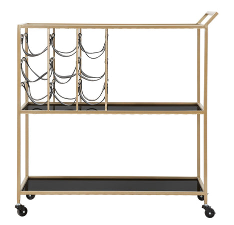 Carrello struttura in ferro color oro e nero con ruote, portabottiglie e 3 ripiani